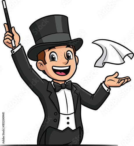 Cartoon magician performing magic trick with wand and handkerchief, happy illusionist character in tuxedo and top hat, vector illustration isolated on white background