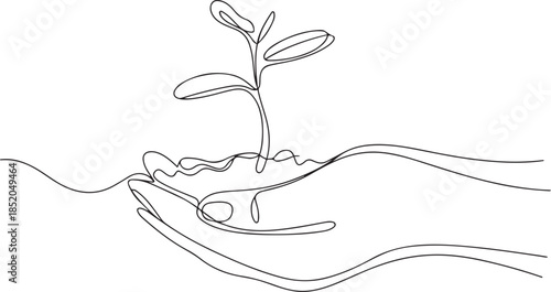 Plant leaves seed grow on hand soil seedling eco natural farm concept.one line  vector illustration  with out background