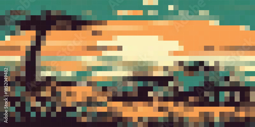 Pixelated Silhouette of a Palm Tree Against a Sunset Sky.