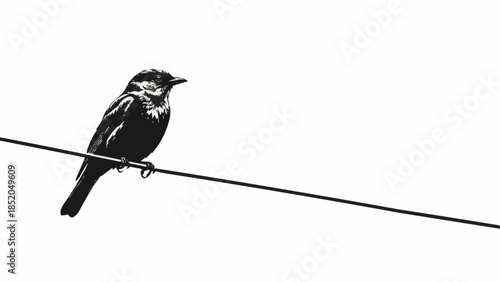 A solitary bird perched on a thin wire against a stark white background.