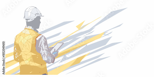 Construction worker viewing digital tablet with abstract yellow and grey background