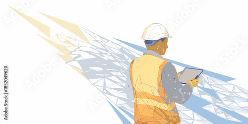 Construction worker using a digital tablet with abstract geometric shadows