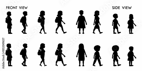 Silhouettes of people in various walking poses front and side views displayed