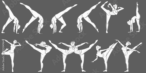 Sequence of figure drawing showing a person performing various gymnastic poses