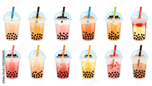 Assortment of Boba Tea Drinks with Tapioca Pearls and Colorful Toppings