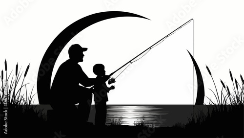 Father and Son Fishing Together at Sunset Silhouette.