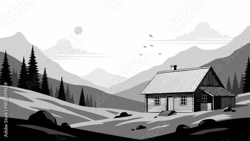 Rustic Cabin in a Serene Mountain Landscape.