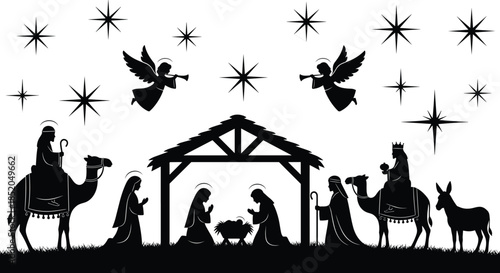 PrintNativity scene silhouette illustration, Christmas holy family vector graphic, manger birth design outline icon, Christian tradition sketch art, festive religious pattern set