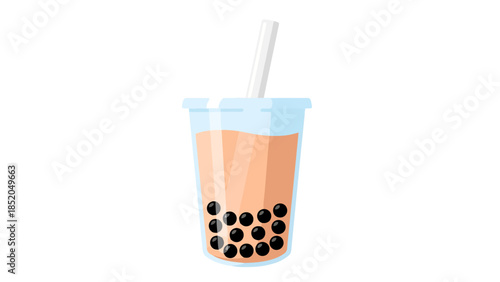 Refreshing Peach Bubble Tea with Tapioca Pearls and Straw