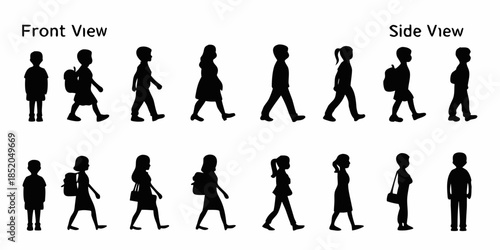Silhouettes of people walking in different poses and viewpoints presented