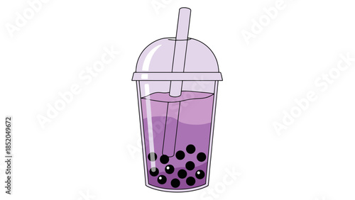 Purple Sweet Beverage with Tapioca Pearls and Straw in Plastic Cup