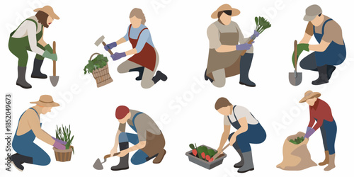 Diverse group of people gardening and working with plants outdoors