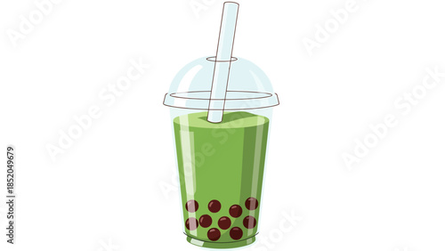 Clear Plastic Cup with Green Drink and Dark Spheres and Straw