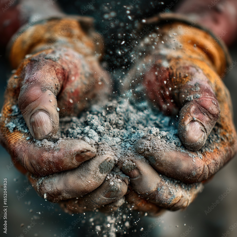 Fototapeta premium Laborer's hands holding dry cement with dust particles flying in the air at a construction site