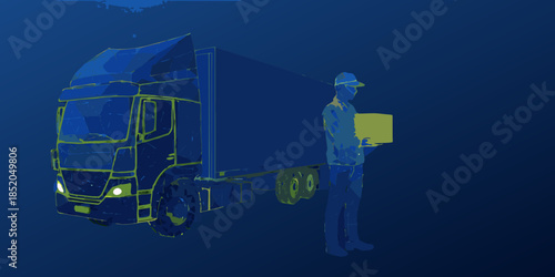 A blue illustration depicts a delivery truck and a person with a package