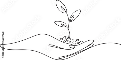 Plant leaves seed grow on hand soil seedling eco natural farm concept.one line  vector illustration  with out background