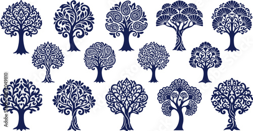 Collection of elegant decorative trees and foliage elements, perfect for various design projects