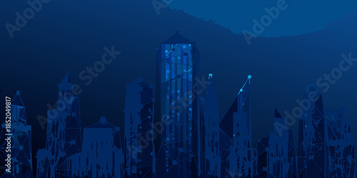 A dark blue silhouette of a futuristic cityscape against a textured background