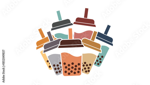 Assortment of Bubble Tea Drinks in Colorful Cups with Straws