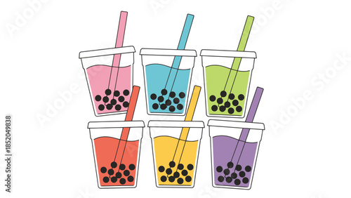 Six colorful refreshing beverage cups with straws and tapioca pearls isolated on a white background