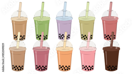 Assortment of Colorful Bubble Tea Drinks with Tapioca Pearls