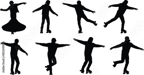 PrintRoller skating silhouette illustration, dynamic balance poses vector, recreational sport design outline icon, artistic motion sketch graphic, lifestyle activity stylish art
