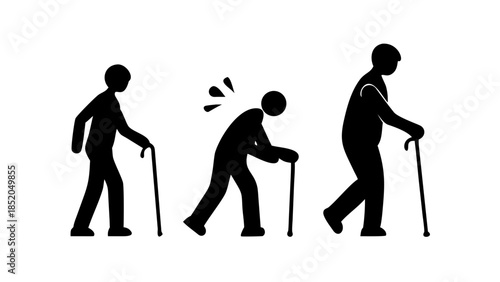Silhouette of an elderly person walking carefully with a cane, mobility support and healthy aging wellness concept.
