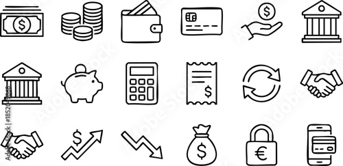Comprehensive collection of financial line icons illustrating various aspects of banking, money management, transactions, and economic concepts, ideal for business and personal finance applications