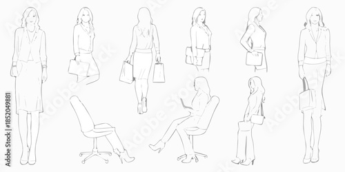 Fashion sketches of women in business attire and office furniture illustration