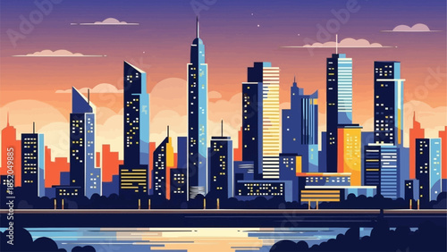 Modern City Skyline at Sunset with Tall Buildings.