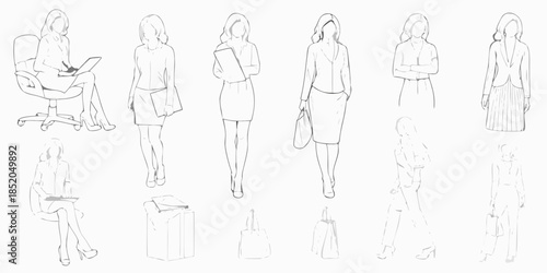 Line art illustration of professional women in various poses and office elements