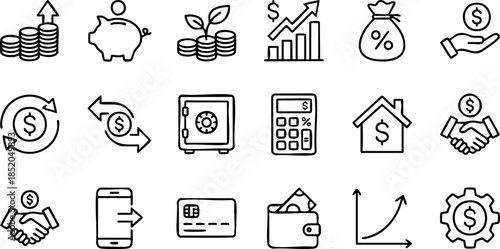 Collection of financial and business-related icons representing concepts like savings, growth, investments, and security