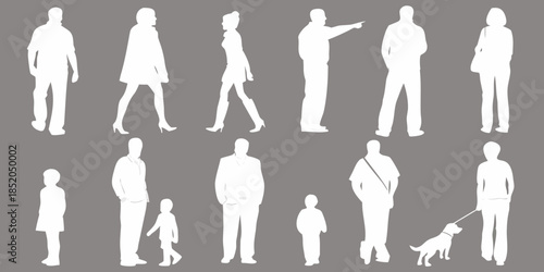 Silhouettes of diverse people and a dog against a gray background
