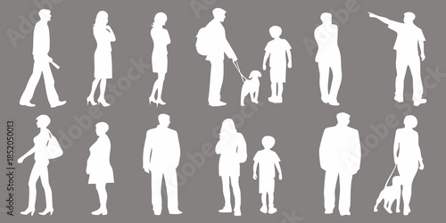 Silhouettes of people and a dog in various poses and activities