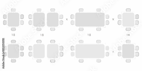 Overhead view of rectangular tables arranged for meetings or dining