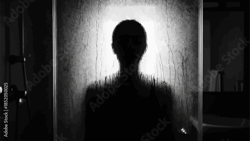 Silhouette of a person behind a frosted glass door.