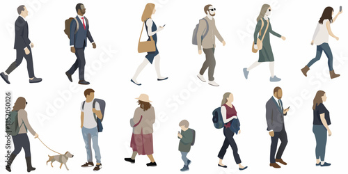 Diverse group of people walking illustrated in a simple flat design style