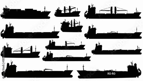 Collection of Cargo Ship Silhouettes for Maritime Transport and Logistics.