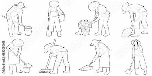 Line art illustration of farmers tending to fields and harvesting crops