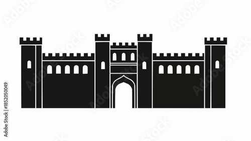 Black Silhouette of a Medieval Castle Fortress with Towers and Gate.
