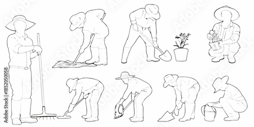 Line art illustration of people gardening and performing agricultural tasks