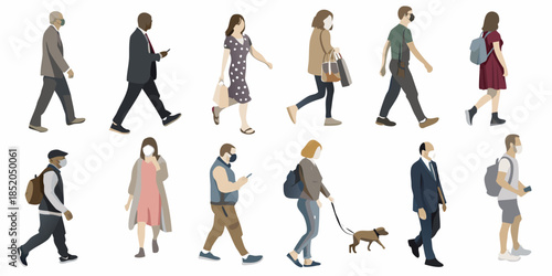 Diverse group of people walking some wearing face masks illustrated in a minimalist style