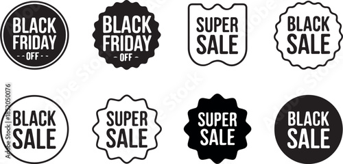 Black Friday and Super Sale badges set round discount labels isolated on white background