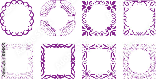 Purple and white intricate geometric and floral patterns on square and circular frames