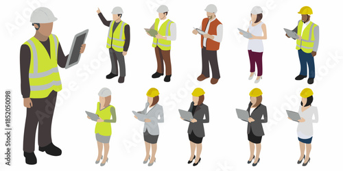 Isometric illustration of construction workers and professionals reviewing plans together