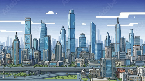 Modern Cityscape with Tall Skyscrapers and Blue Sky.