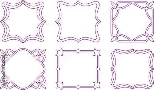 Six purple decorative frame outlines with various intricate patterns on white background