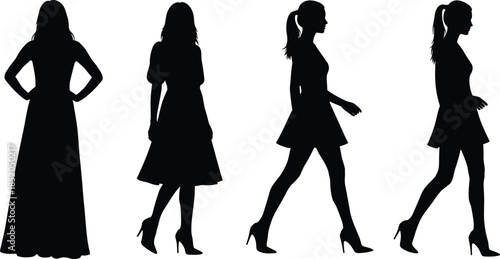 PrintWoman silhouette fashion illustration, stylish dress vector graphic, female model design outline icon, walking pose sketch art, elegant clothing pattern set