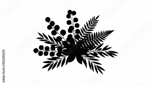 Black silhouette of a botanical arrangement with berries and ferns.