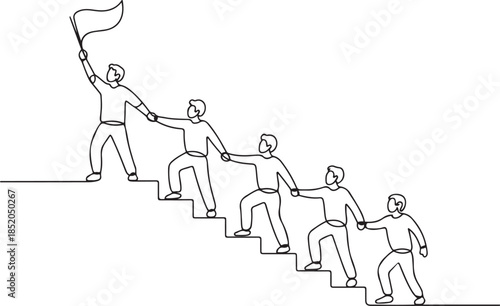 members holding hands together following their leader who hold flag climbing up stairs step by step. Teamwork concept.one line  vector illustration  with out background